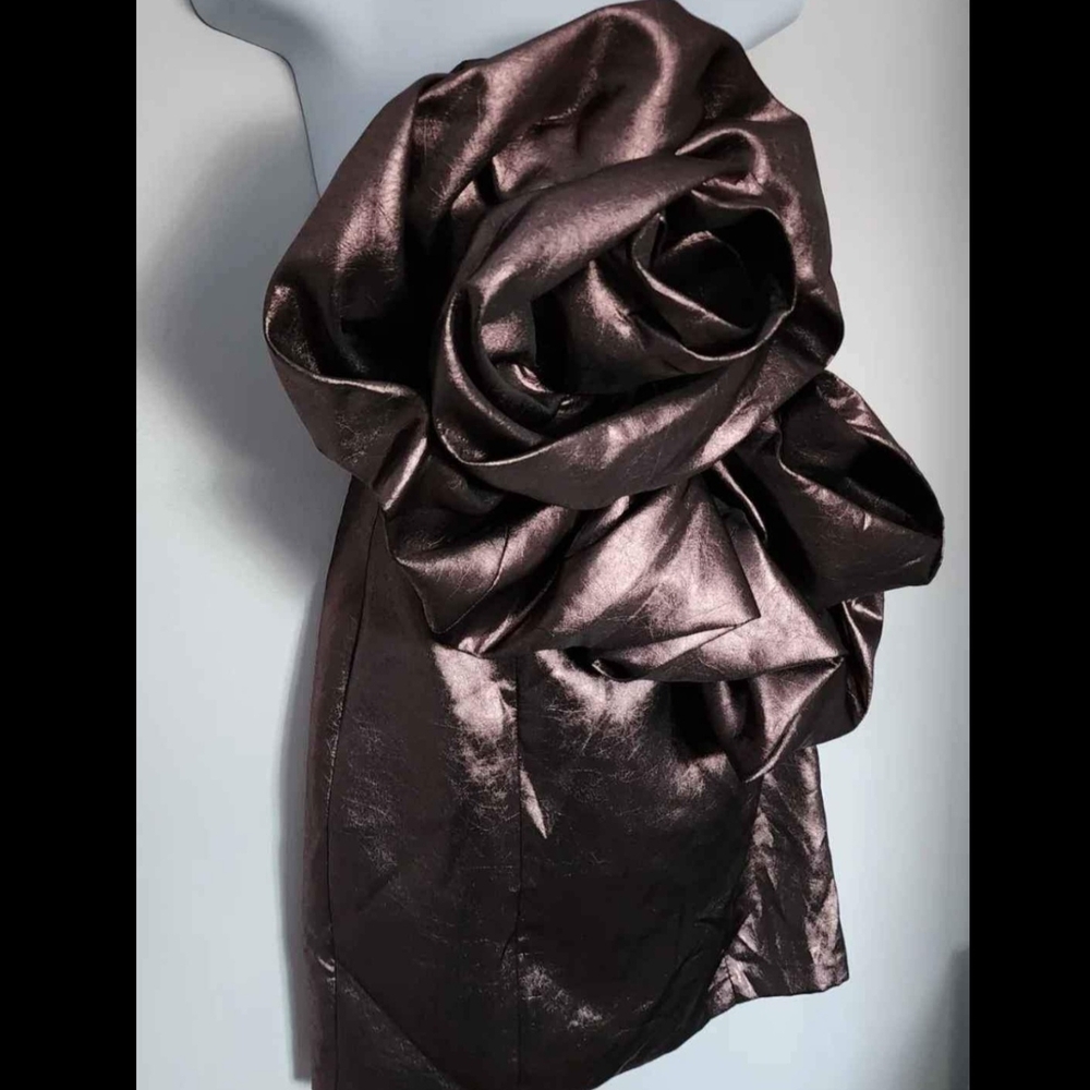 Zara Metallic Chocolate Brown Mini Dress with Sculptural Rose Detail